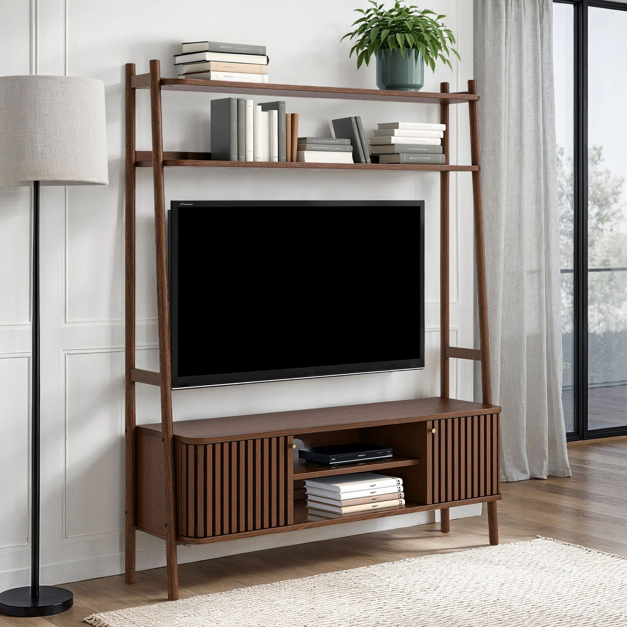 Shorwell Dark Oak Slatted 137cm  TV Ladder Unit - Image 2
