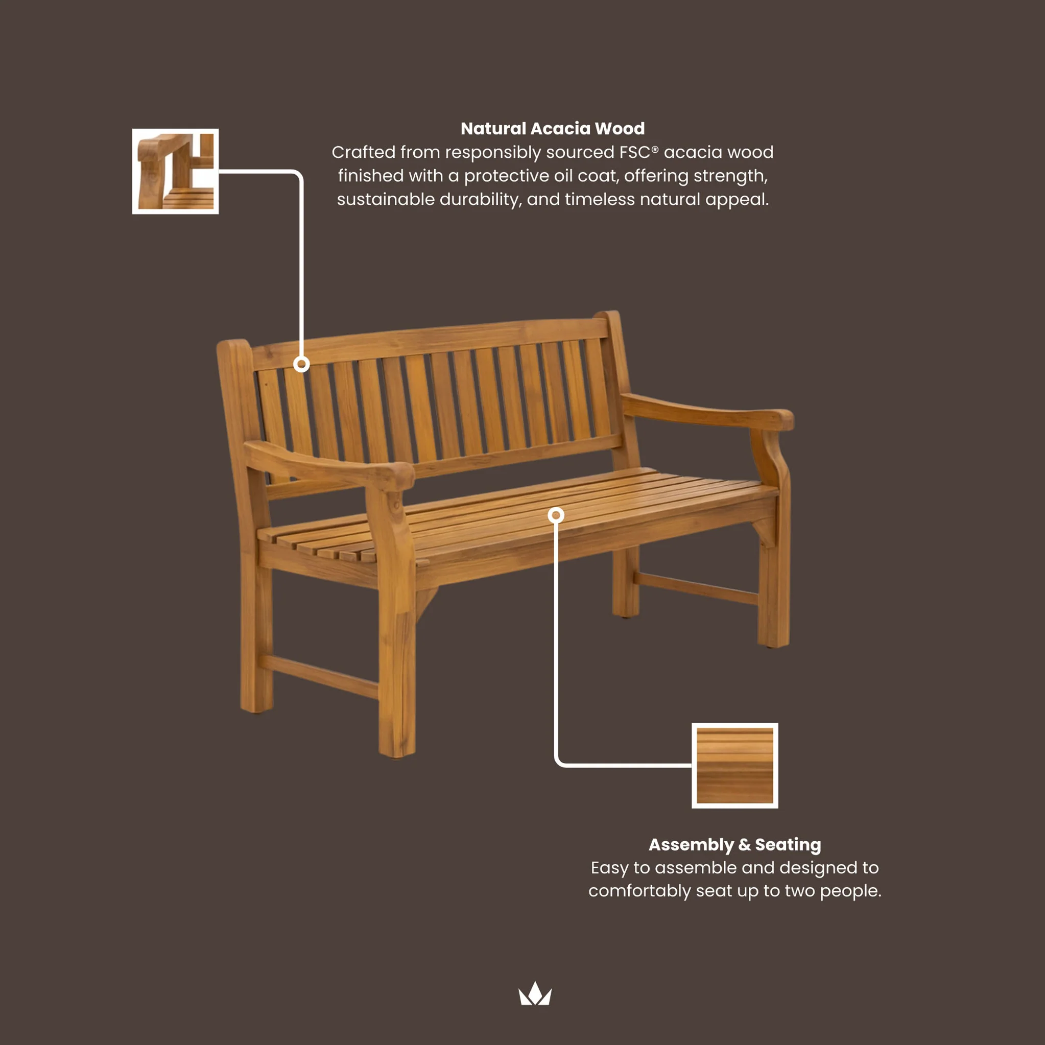 Sofia 150cm 2 Seater Acacia Garden Bench - Image 5